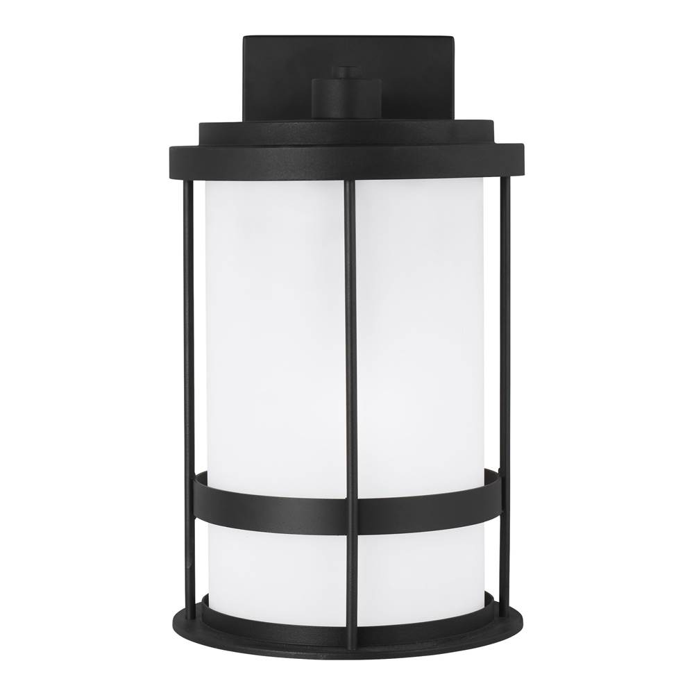 Generation Lighting Wilburn Modern 1-Light Led Outdoor Exterior Dark Sky Compliant Medium Wall Lantern Sconce In Black Finish With Satin Etched Glass Shade