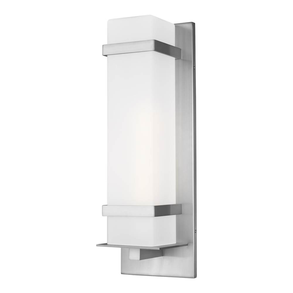 Generation Lighting Alban Modern 1-Light Outdoor Exterior Large Square Wall Lantern In Satin Aluminum Silver Finish With Etched Opal Glass Shade