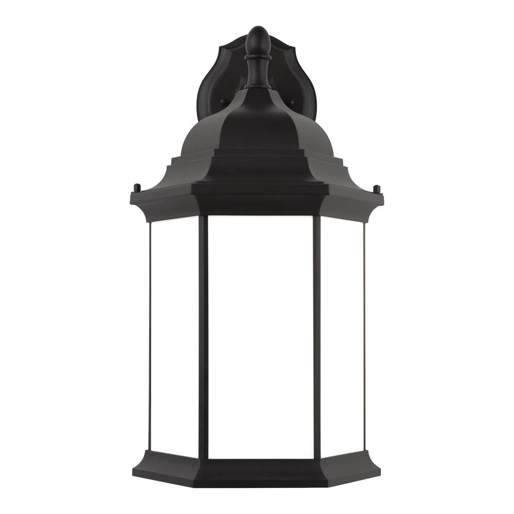 Generation Lighting Sevier Traditional 1-Light Outdoor Exterior Extra Large Downlight Outdoor Wall Lantern Sconce In Black Finish With Satin Etched Glass Panels