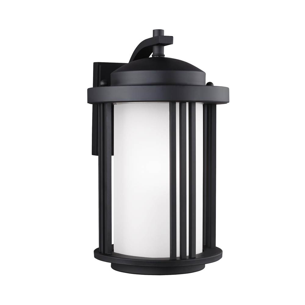 Generation Lighting Crowell Contemporary 1-Light Led Outdoor Exterior Medium Wall Lantern Sconce In Black Finish W/Satin Etched Glass Shade And White Aluminum Shade