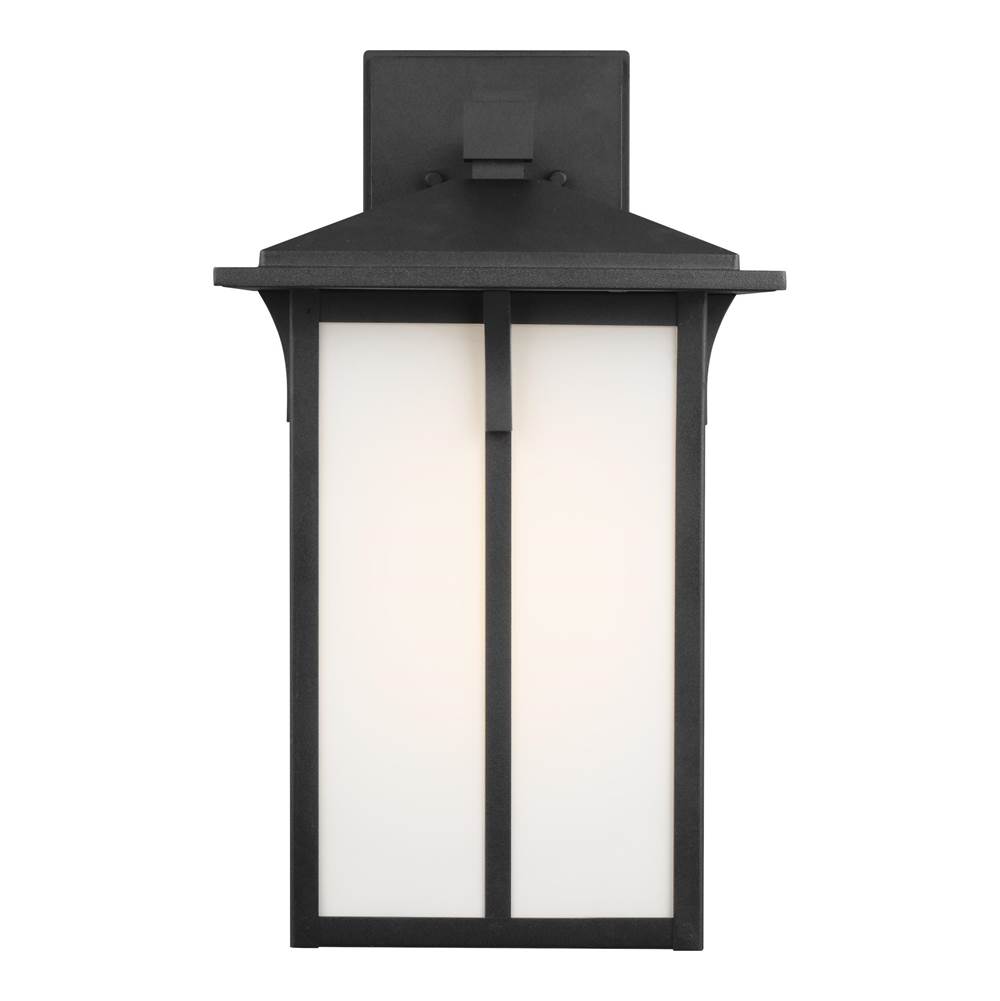 Generation Lighting Tomek Modern 1-Light Led Outdoor Exterior Large Wall Lantern Sconce In Black Finish With Etched White Glass Panels