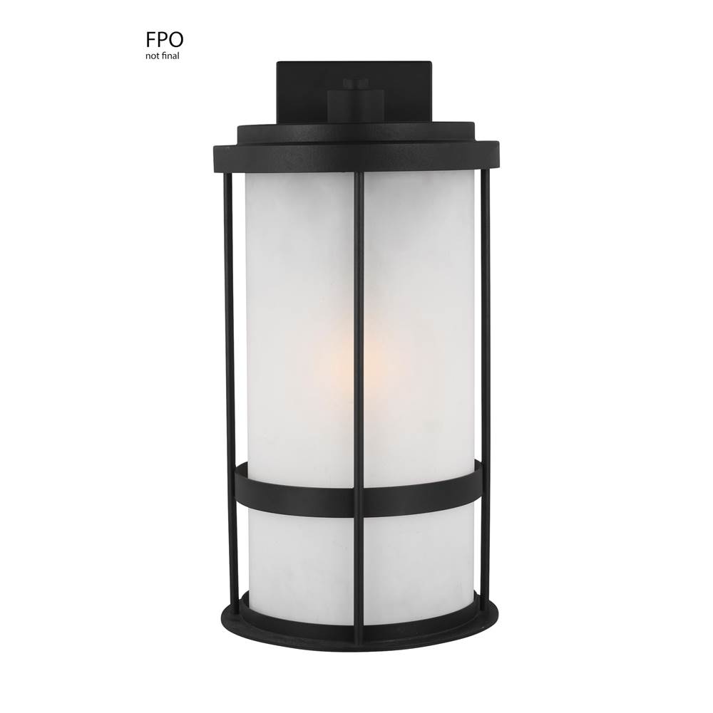 Generation Lighting Wilburn Modern 1-Light Led Outdoor Exterior Large Wall Lantern Sconce In Black Finish With Satin Etched Glass Shade