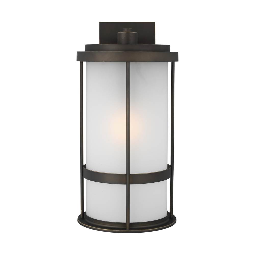 Generation Lighting Wilburn Modern 1-Light Led Outdoor Exterior Large Wall Lantern Sconce In Antique Bronze Finish With Satin Etched Glass Shade
