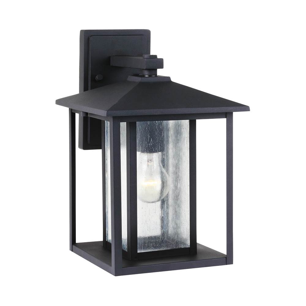 Generation Lighting Hunnington Contemporary 1-Light Outdoor Exterior Medium Wall Lantern In Black Finish With Clear Seeded Glass Panels