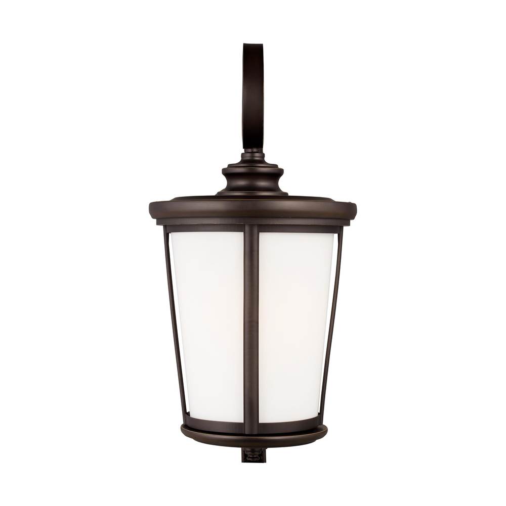 Generation Lighting Eddington Modern 1-Light Outdoor Exterior Extra Large Wall Lantern Sconce In Antique Bronze Finish With Cased Opal Etched Glass Panel
