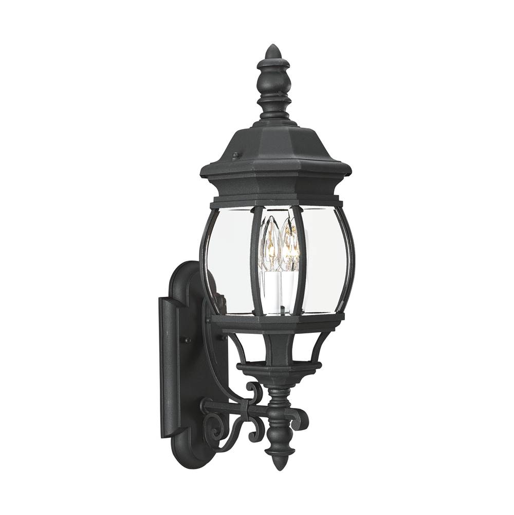 Generation Lighting Wynfield Traditional 2-Light Outdoor Exterior Wall Lantern Sconce In Black Finish With Clear Beveled Glass Panels