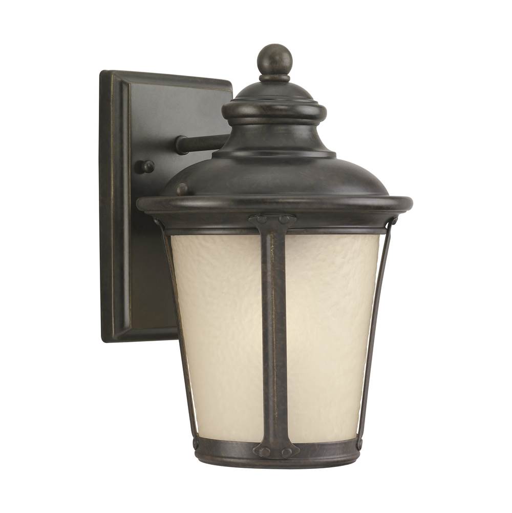 Generation Lighting Cape May Traditional 1-Light Outdoor Exterior Small Wall Lantern Sconce In Burled Iron Grey Finish With Etched Light Amber Glass Diffuser