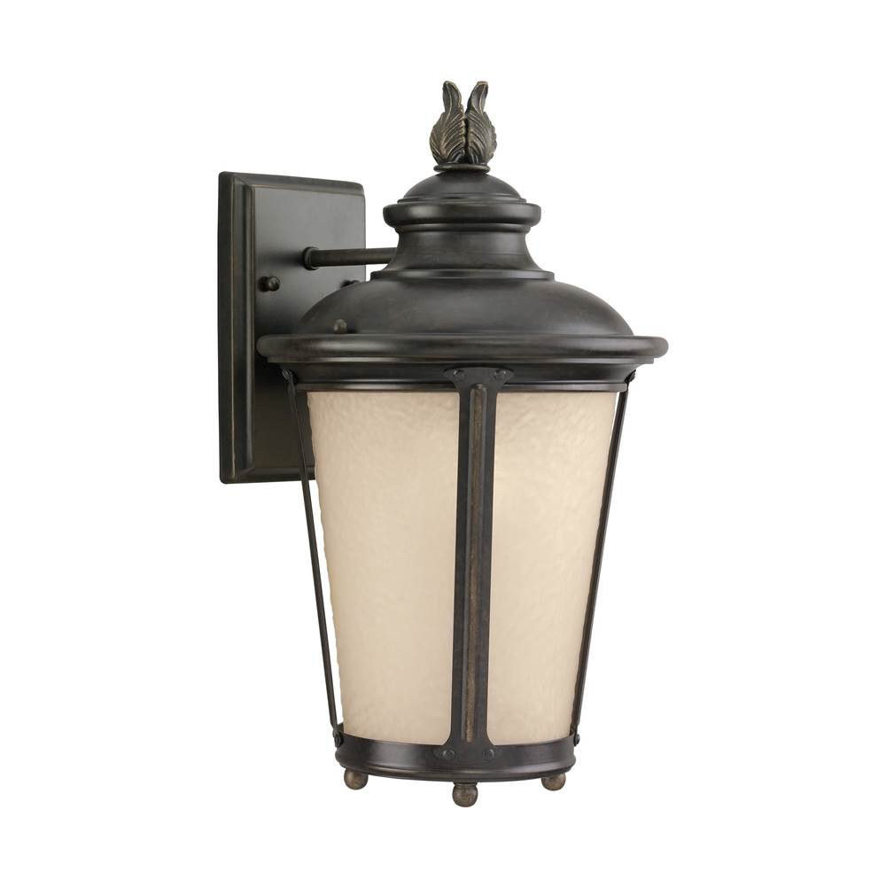 Generation Lighting Cape May Traditional 1-Light Outdoor Exterior Medium Wall Lantern Sconce In Burled Iron Grey Finish With Etched Light Amber Glass Diffuser