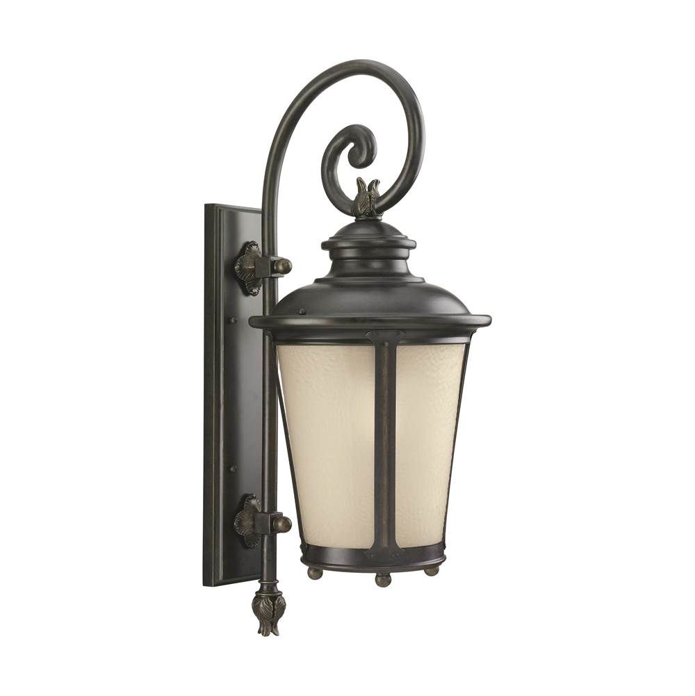 Generation Lighting Cape May Traditional 1-Light Outdoor Exterior Large Wall Lantern Sconce In Burled Iron Grey Finish With Etched Light Amber Glass Diffuser