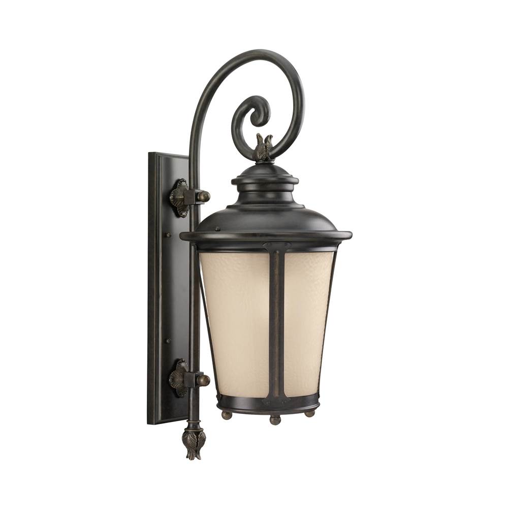Generation Lighting Cape May Traditional 1-Light Led Outdoor Exterior Large Wall Lantern Sconce In Burled Iron Grey Finish With Etched Light Amber Glass Diffuser