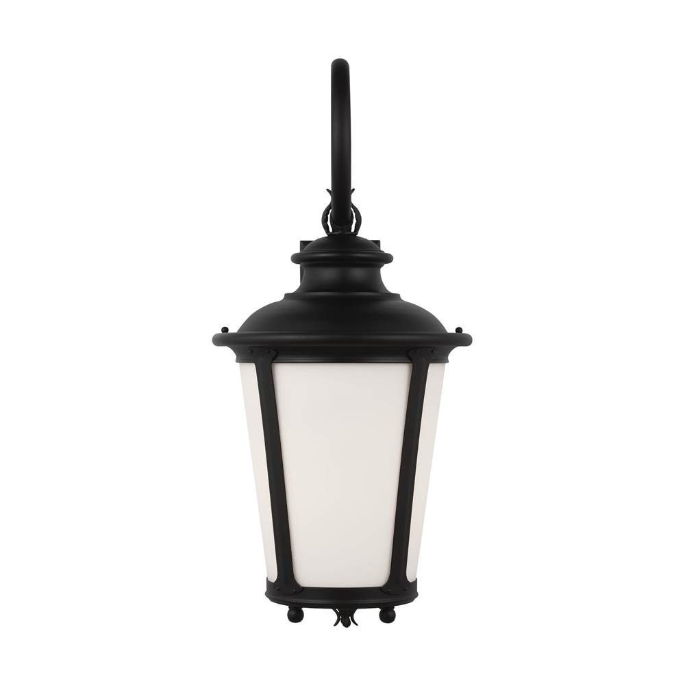 Generation Lighting Cape May Traditional 1-Light Outdoor Exterior Extra Large 30'' Tall Wall Lantern Sconce In Black Finish With Etched White Glass Shade
