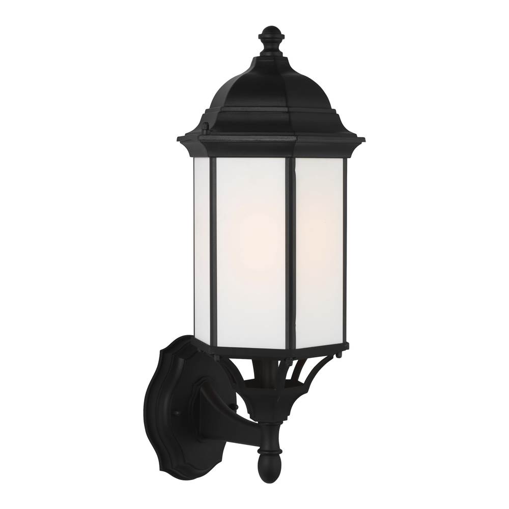 Generation Lighting Sevier Traditional 1-Light Led Outdoor Exterior Medium Uplight Outdoor Wall Lantern Sconce In Black Finish With Satin Etched Glass Panels