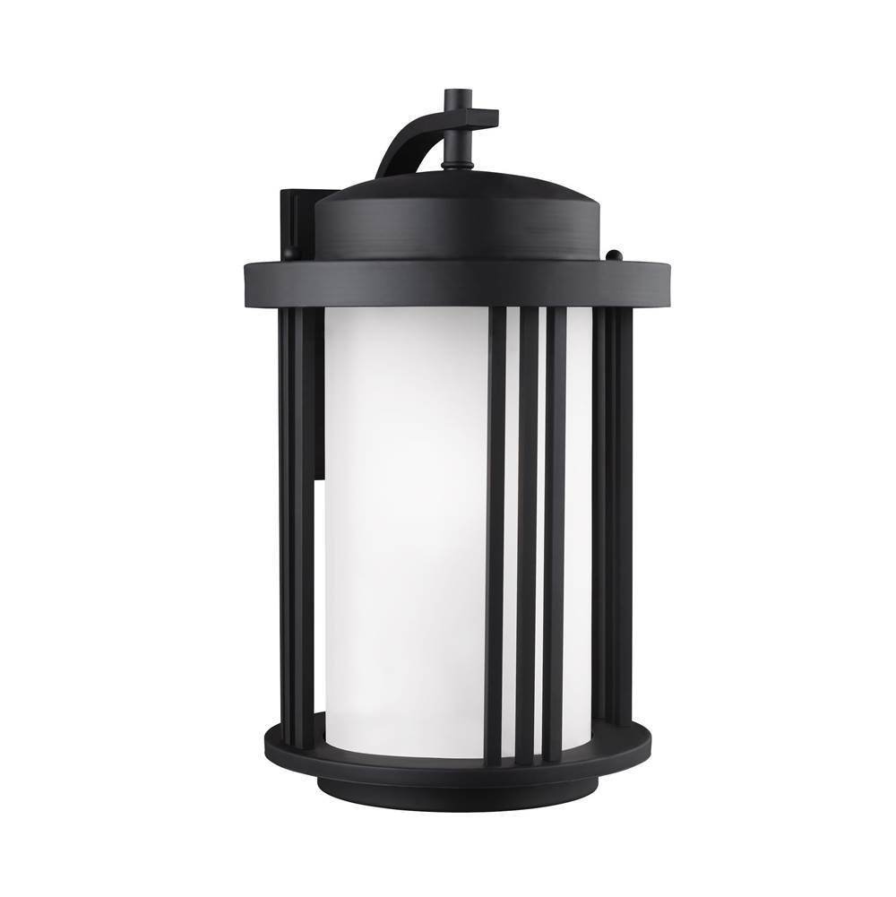 Generation Lighting Crowell Contemporary 1-Light Led Outdoor Exterior Large Wall Lantern Sconce In Black Finish W/Satin Etched Glass Shade And White Aluminum Shade