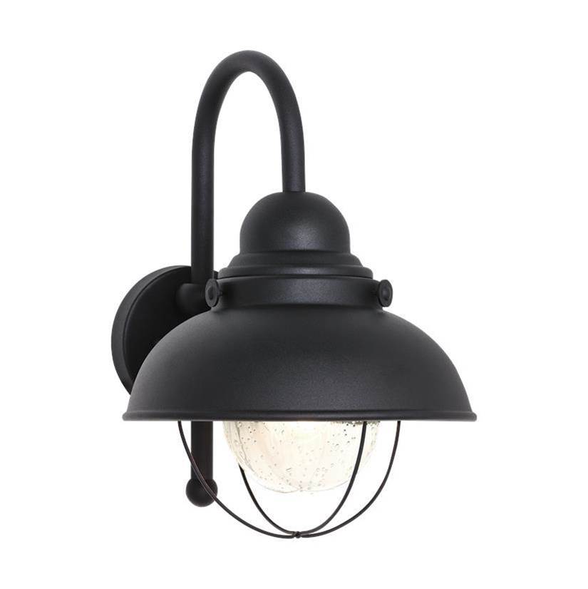 Generation Lighting Sebring Transitional 1-Light Led Outdoor Exterior Large Wall Lantern Sconce In Black Finish With Clear Seeded Glass Diffuser