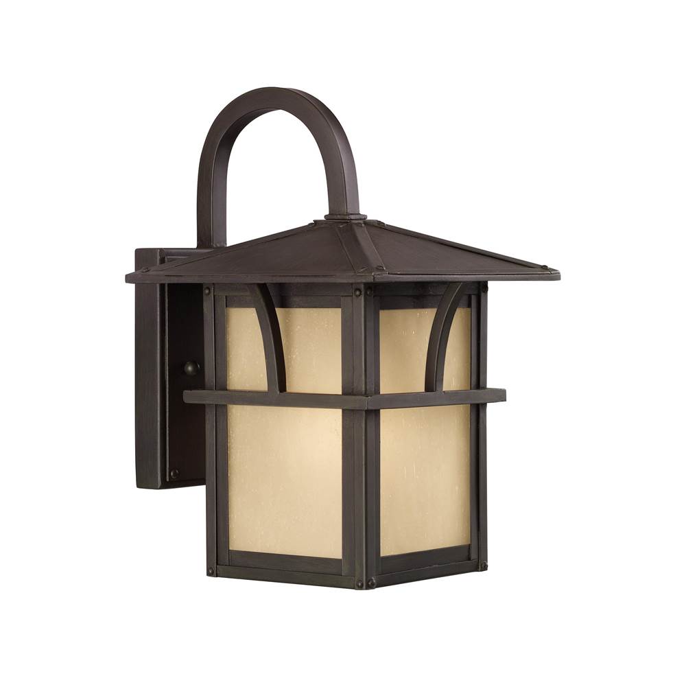 Generation Lighting Medford Lakes Transitional 1-Light Outdoor Exterior Small Wall Lantern Sconce In Statuary Bronze Finish W/Etched Hammered W/Light Amber Glass Panels
