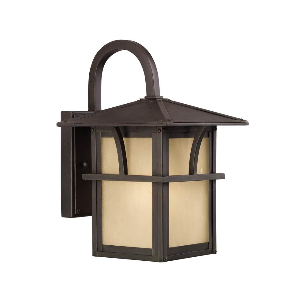 Generation Lighting Medford Lakes Transitional 1-Light Led Outdoor Exterior Small Wall Lantern Sconce In Statuary Bronze W/Etched Hammered W/Light Amber Glass Panels