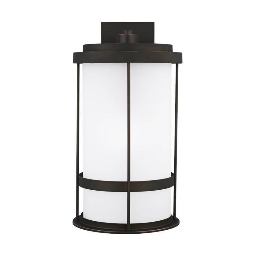 Generation Lighting Wilburn Modern 1-Light Outdoor Exterior Extra Large Wall Lantern Sconce In Antique Bronze Finish With Satin Etched Glass Shade