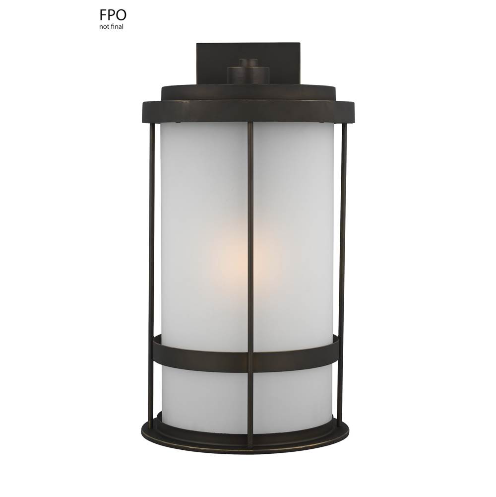 Generation Lighting Wilburn Modern 1-Light Led Outdoor Exterior Extra Large Wall Lantern Sconce In Antique Bronze Finish With Satin Etched Glass Shade