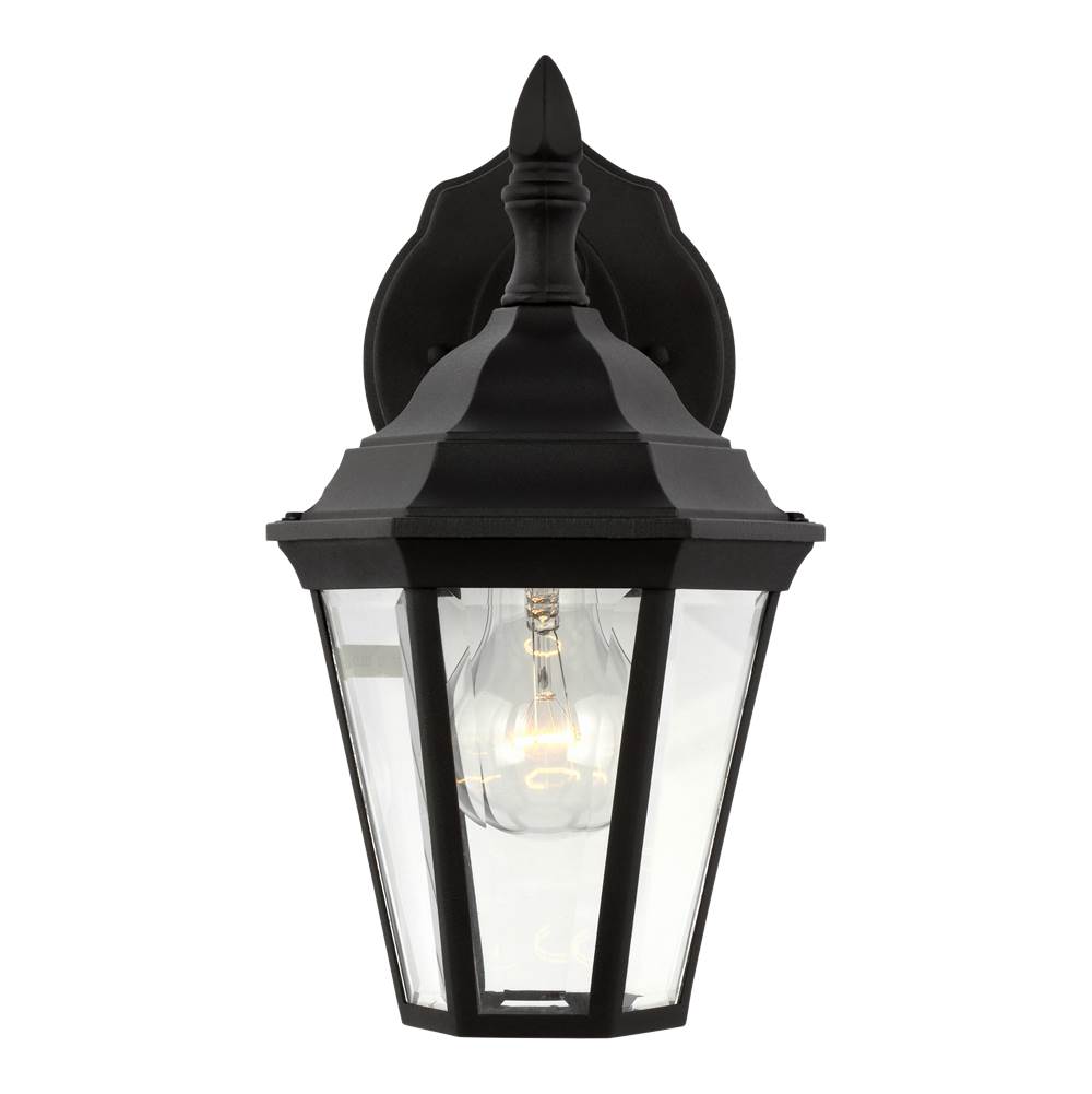 Generation Lighting Bakersville Traditional 1-Light Outdoor Exterior Small Wall Lantern Sconce In Black Finish With Clear Beveled Glass Panels