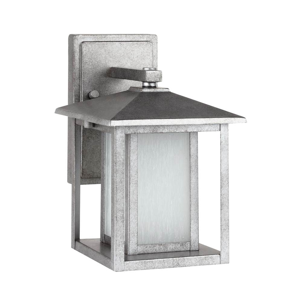 Generation Lighting Hunnington Contemporary 1-Light Outdoor Exterior Small Wall Lantern In Weathered Pewter Grey Finish With Etched Seeded Glass Panels