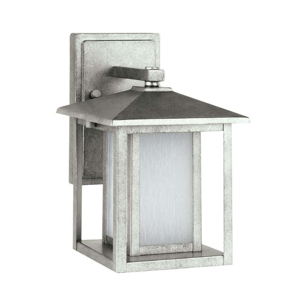 Generation Lighting Hunnington Contemporary 1-Light Led Outdoor Exterior Small Wall Lantern In Weathered Pewter Grey Finish With Etched Seeded Glass Panels