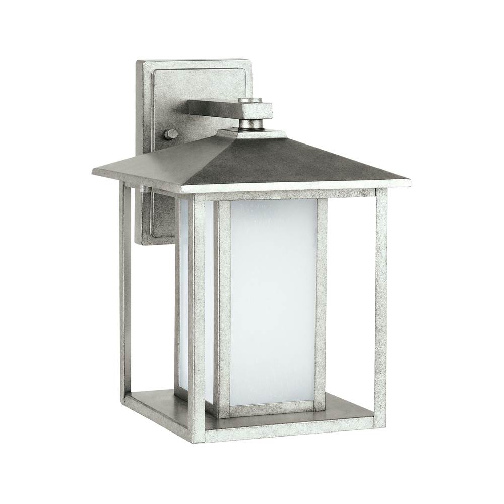 Generation Lighting Hunnington Contemporary 1-Light Outdoor Exterior Medium Wall Lantern In Weathered Pewter Grey Finish With Etched Seeded Glass Panels