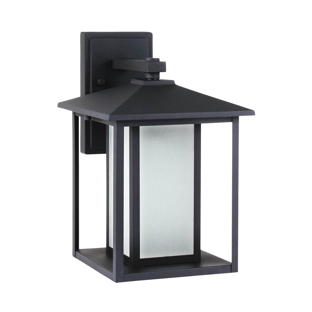 Generation Lighting Hunnington Contemporary 1-Light Led Outdoor Exterior Medium Wall Lantern In Black Finish With Etched Seeded Glass Panels