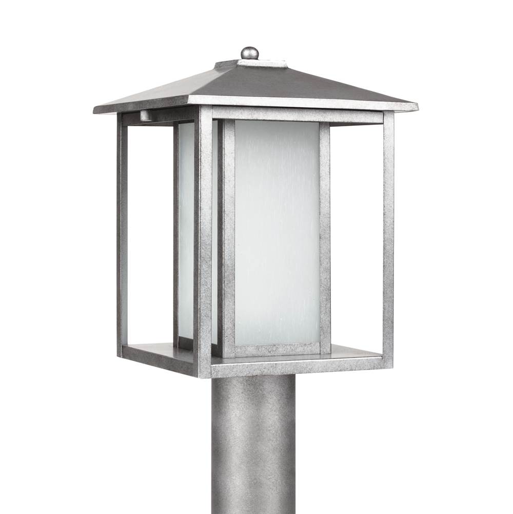 Generation Lighting Hunnington Contemporary 1-Light Outdoor Exterior Post Lantern In Weathered Pewter Grey Finish With Etched Seeded Glass Panels