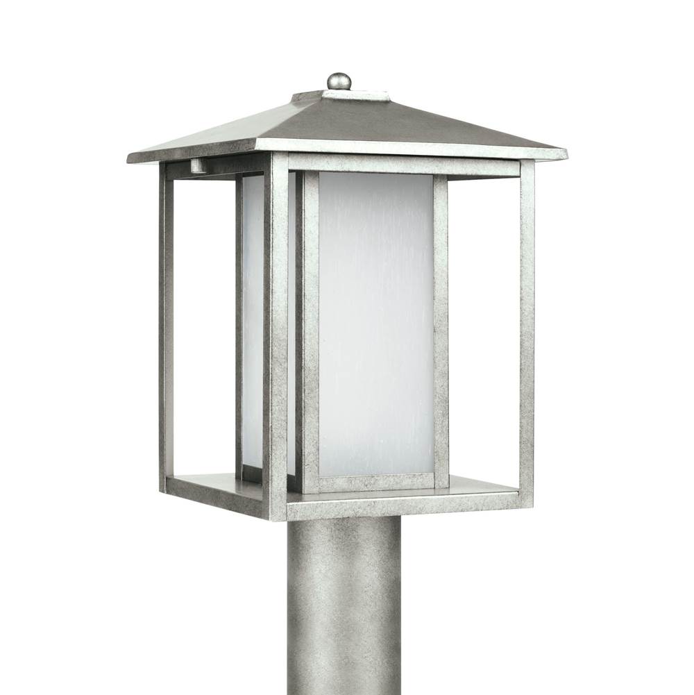 Generation Lighting Hunnington Contemporary 1-Light Led Outdoor Exterior Post Lantern In Weathered Pewter Grey Finish With Etched Seeded Glass Panels