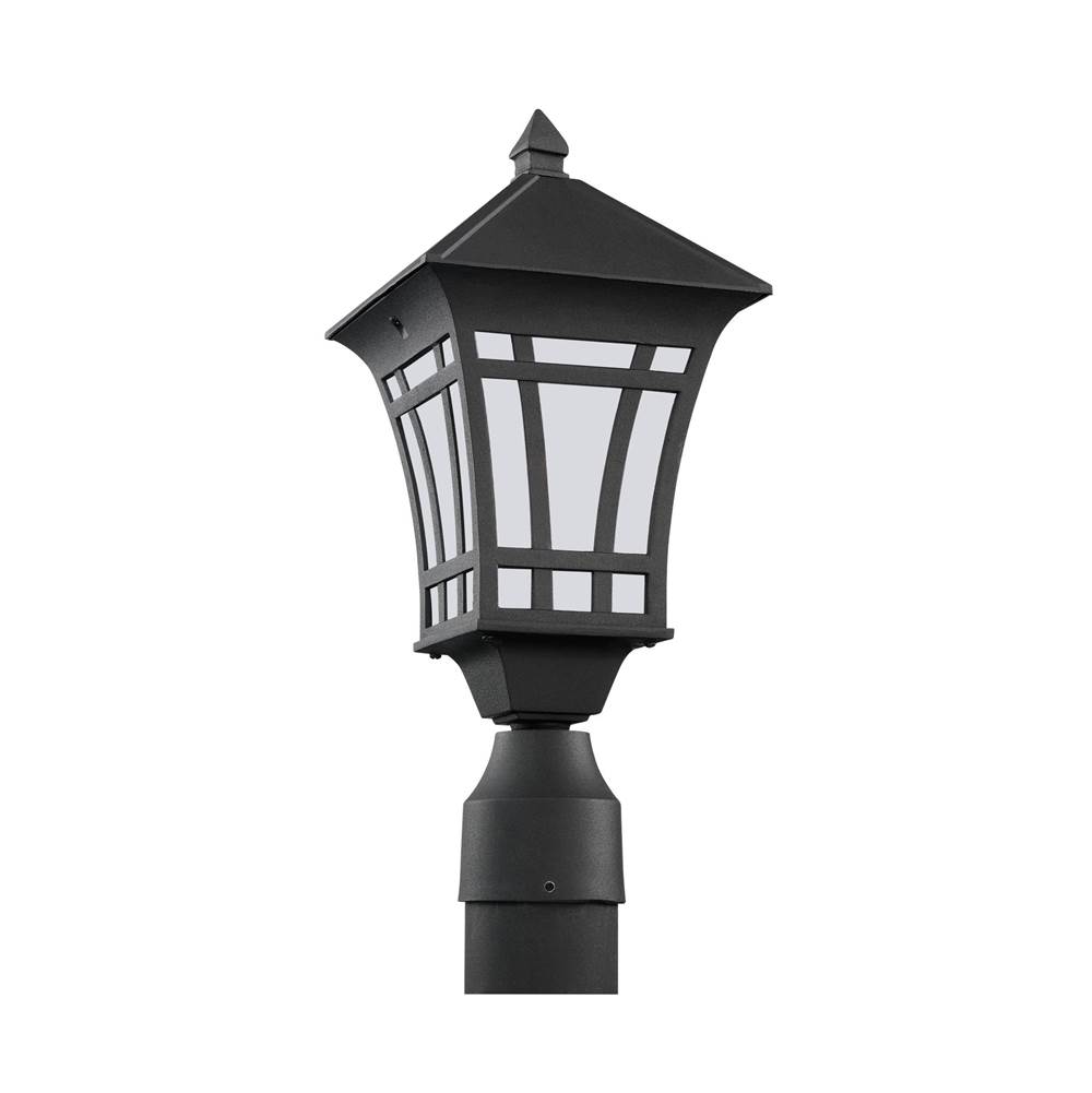 Generation Lighting Herrington Transitional 1-Light Led Outdoor Exterior Post Lantern In Black Finish With Etched White Glass Panels
