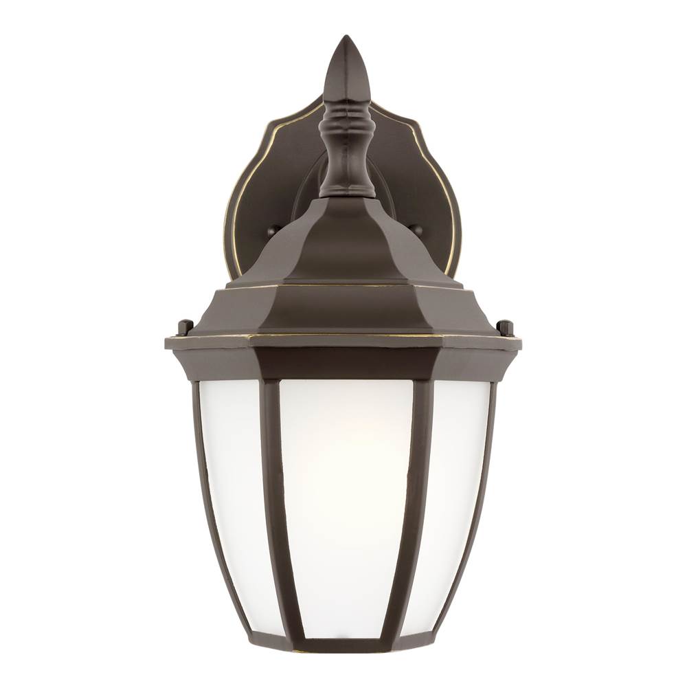 Generation Lighting Bakersville Traditional 1-Light Led Outdoor Exterior Small Round Wall Lantern Sconce In Antique Bronze Finish With Satin Etched Glass Panels