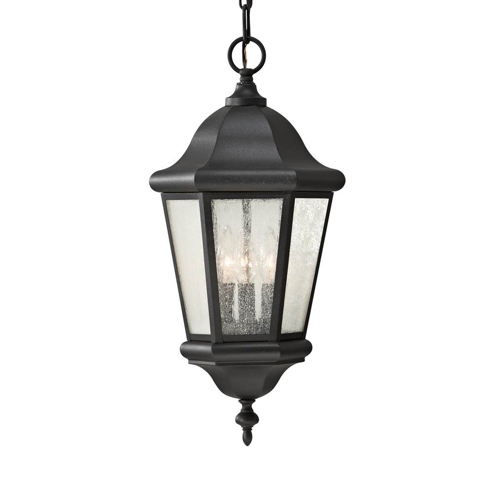 Generation Lighting Martinsville Traditional 3-Light Outdoor Exterior Pendant Lantern In Black Finish With Clear Seeded Glass Shades