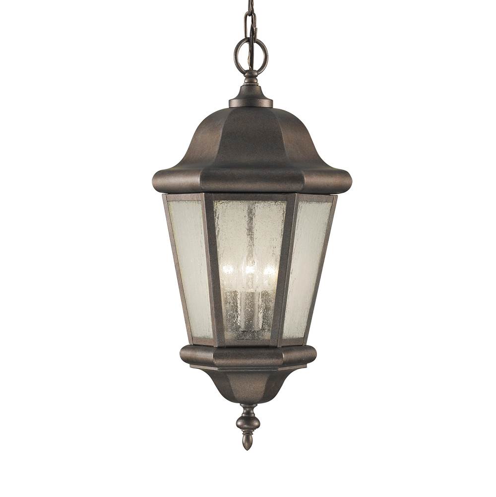 Generation Lighting Martinsville Traditional 3-Light Led Outdoor Exterior Pendant Lantern In Corinthian Bronze Finish With Clear Seeded Glass Shades